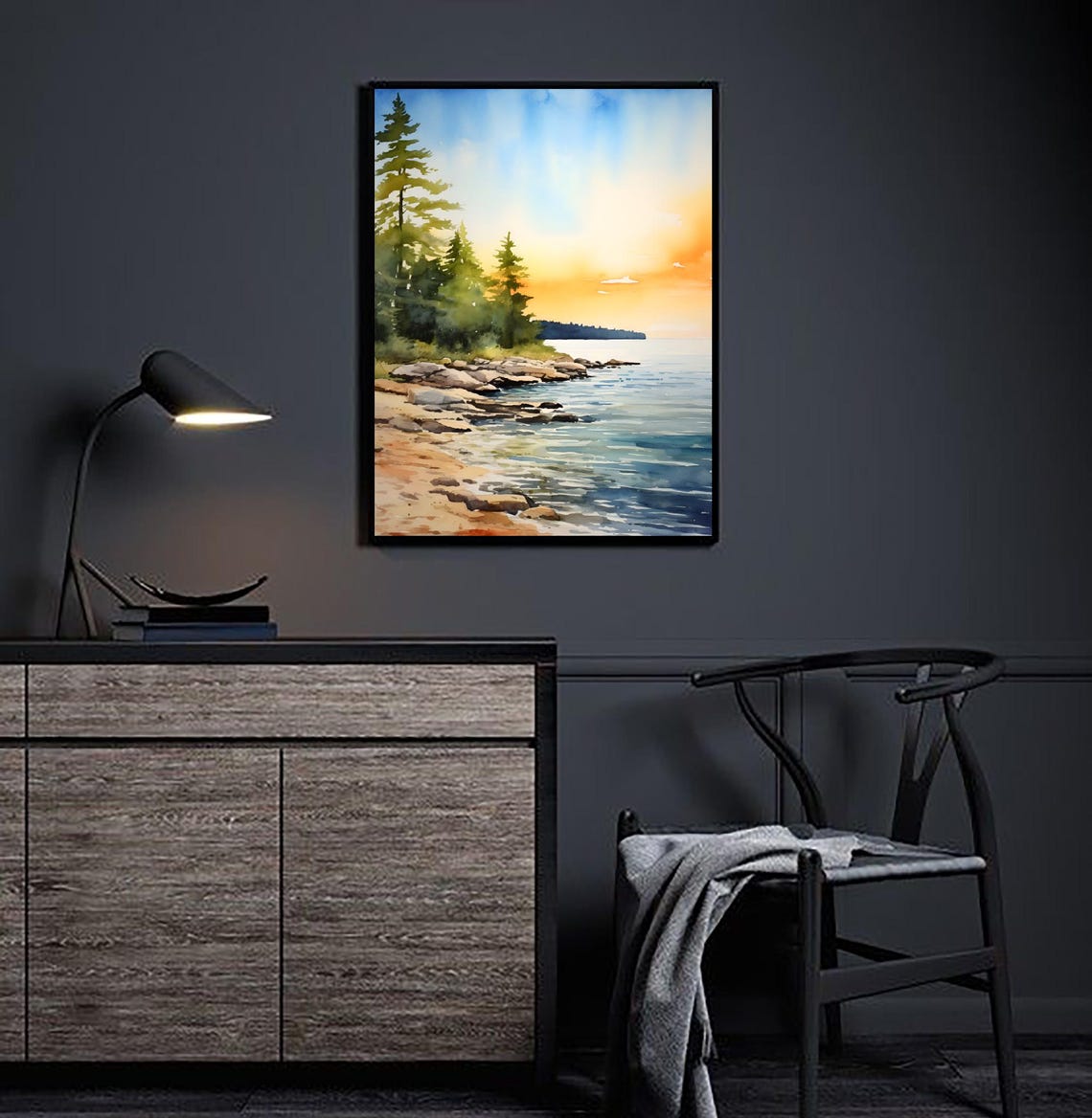Lake Erie Sunset Pines Rocky Shore Lake View Watercolor Poster - Image 3
