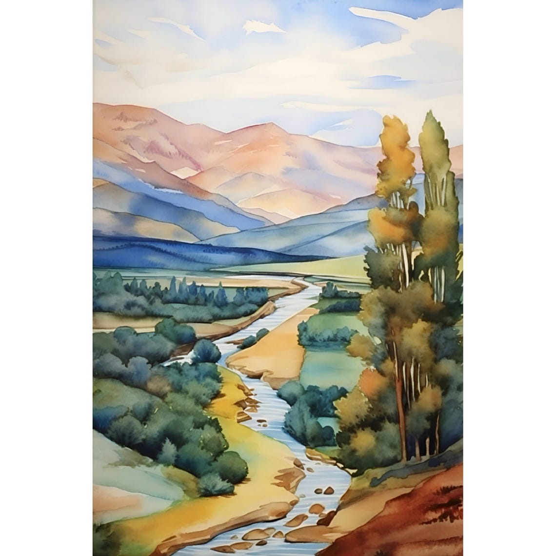 Mountain River Valley Tall Trees Warm Peaks Watercolor Scenic Poster