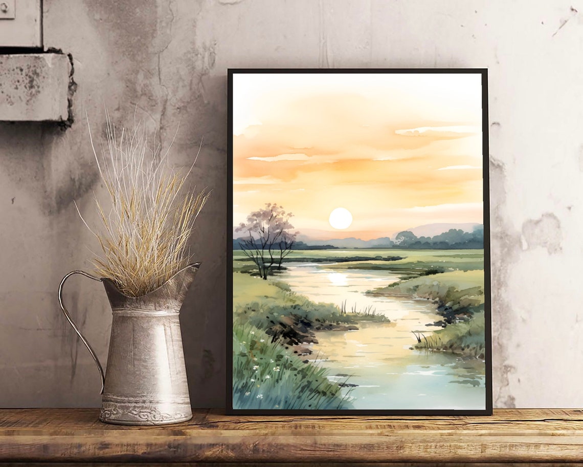 Brazos River Texas Golden Sunset Marsh Watercolor Landscape Poster - Image 3