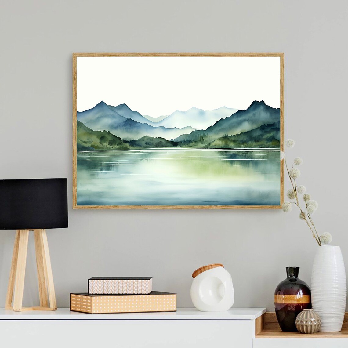 Norway Watercolor Mountain Lake Panorama Art Print - Image 3