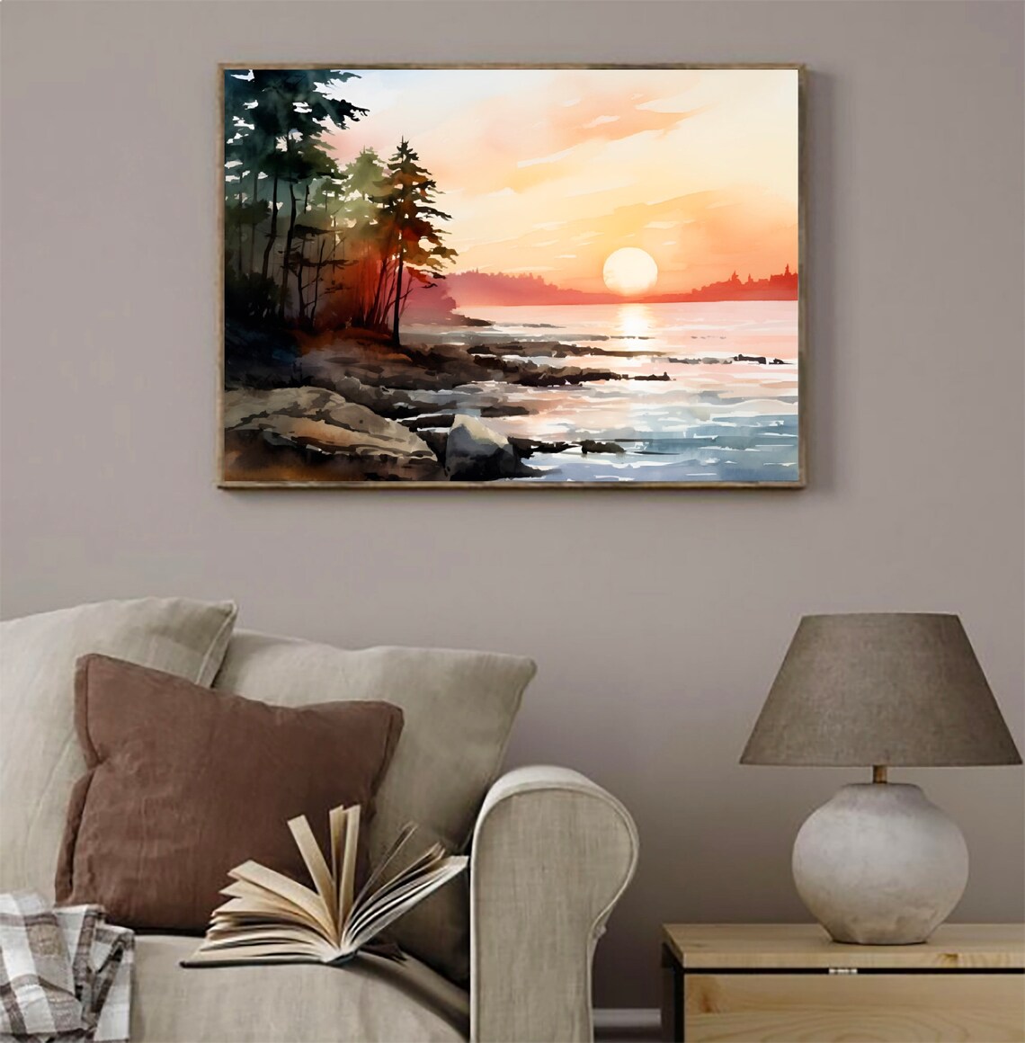 Lake Michigan Watercolor Sunset Landscape Art Print - Image 3