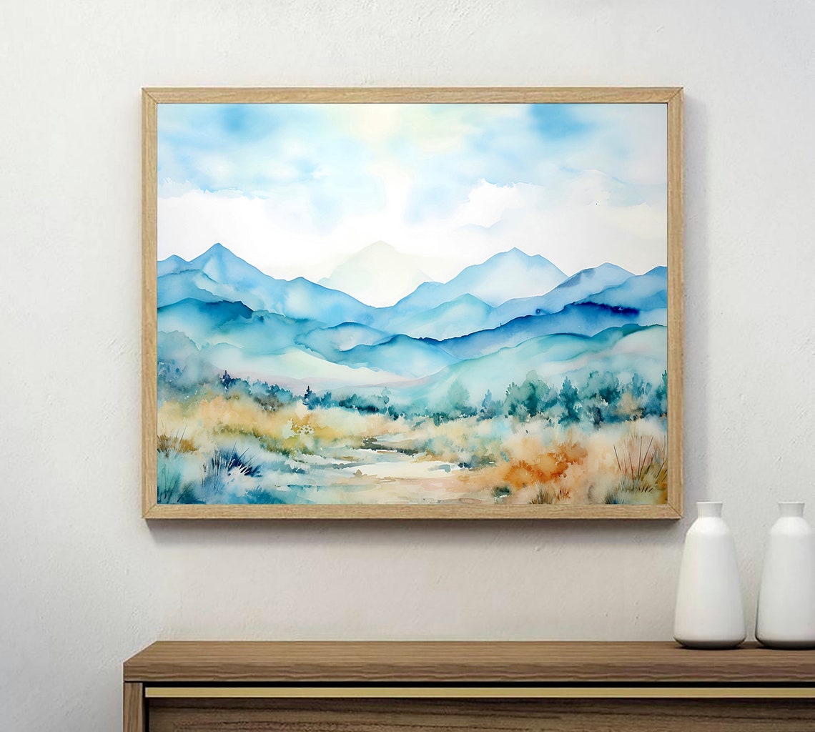 Blue Misty Mountain Ridges Autumn Meadow Watercolor Landscape Poster - Image 2