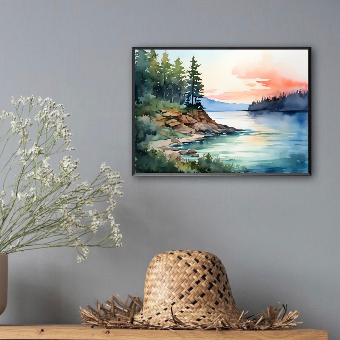 Pine Point Sunset Pink Sky Calm Water Watercolor Lake Scene Poster - Image 2
