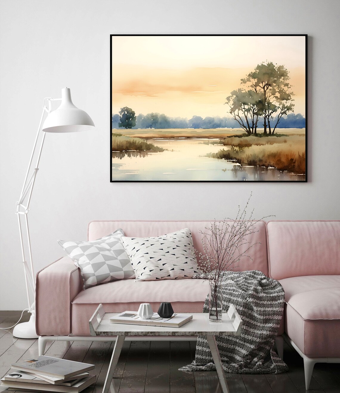 Golden Sunrise Marsh Wetlands Watercolor Soft Neutral Art Poster - Image 4