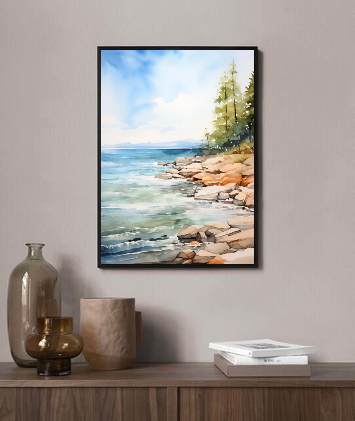 Lake Ontario Michigan Waves Rocks Pine Trees Watercolor Poster - Image 2