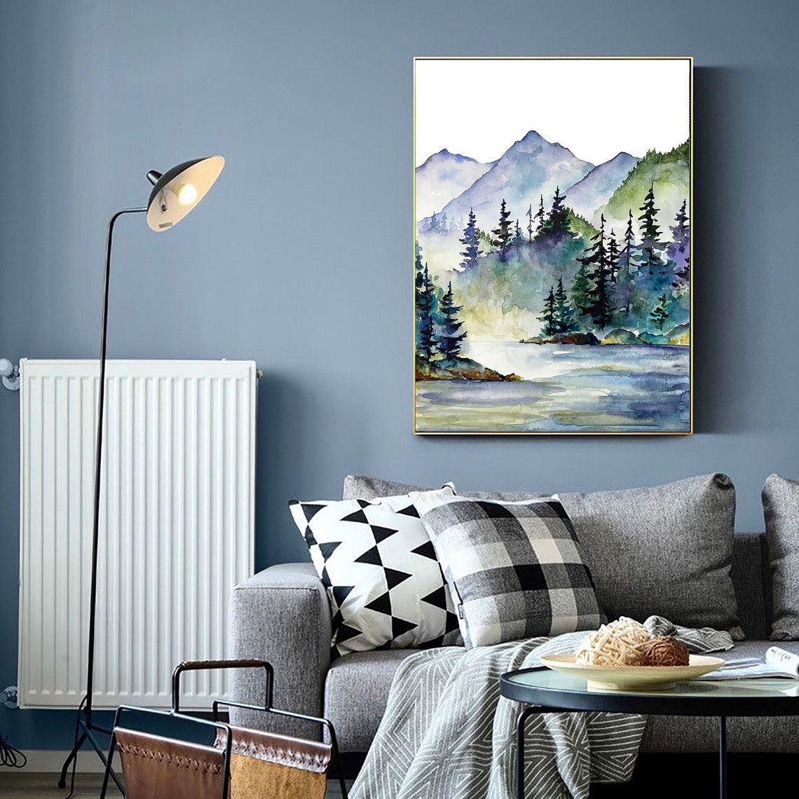 Misty Blue Mountain Lake Pine Forest Watercolor Calm Art Poster - Image 3