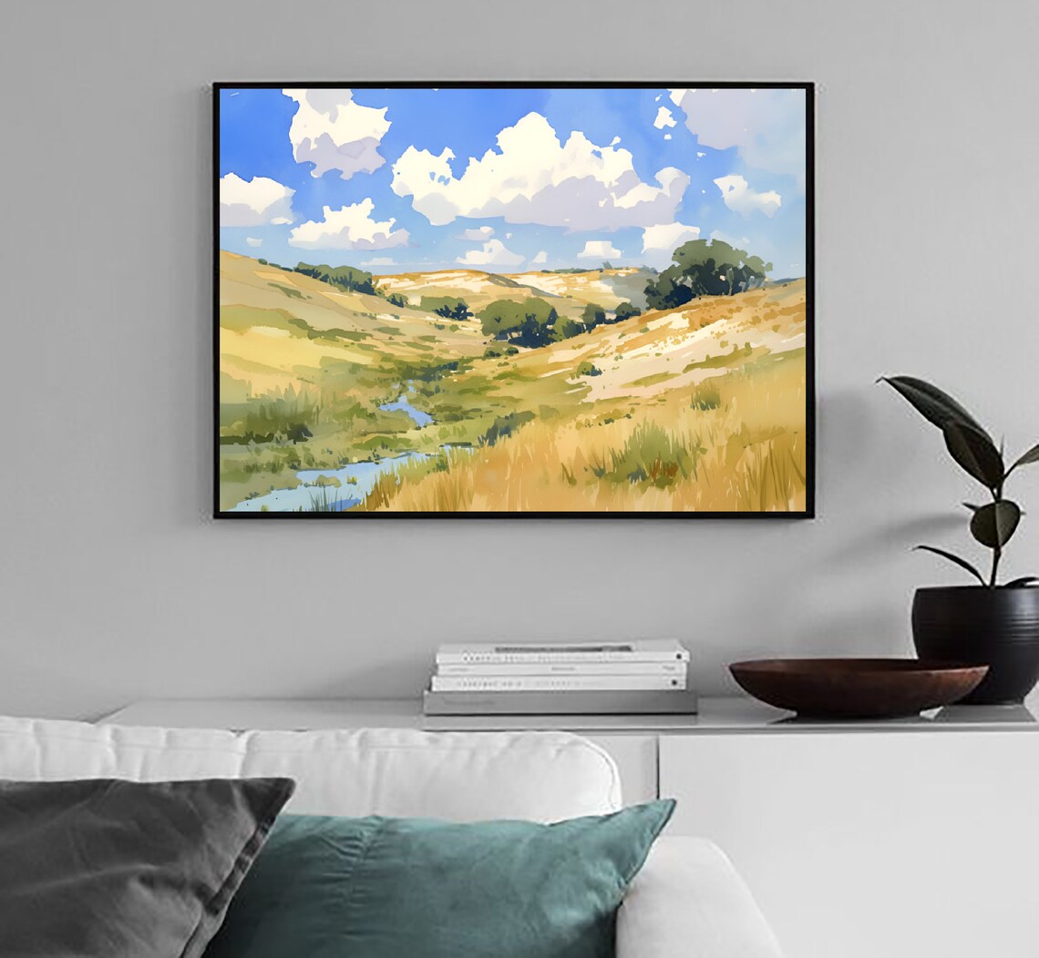 Nebraska Sand Hills Rolling Prairie Creek Watercolor Panoramic Poster - Image 4