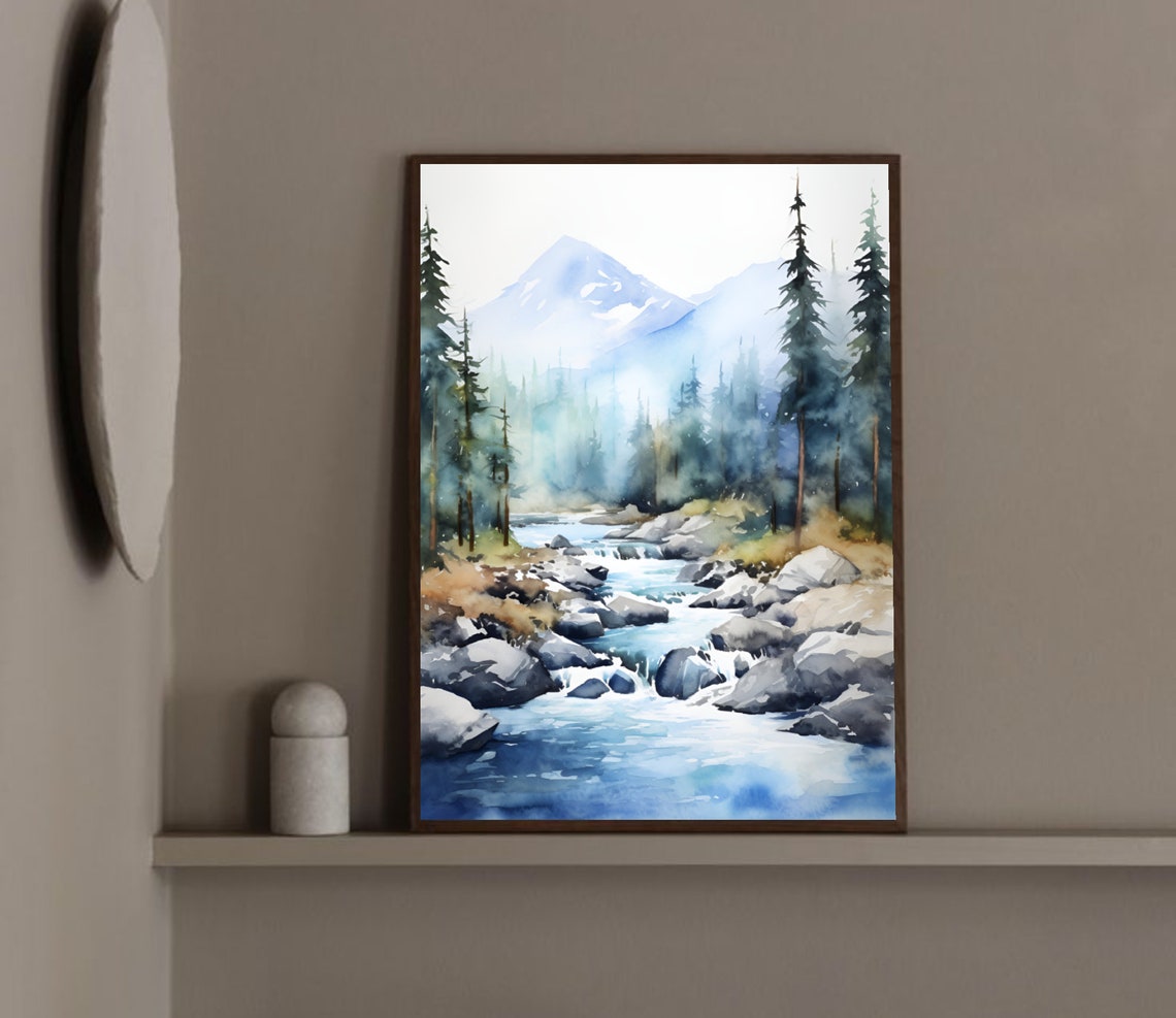 Rocky Mountain Stream Snowy Peaks Forest Watercolor Art Poster - Image 2