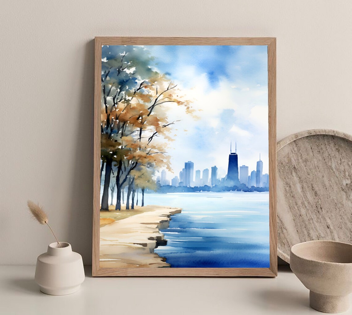 Chicago Downtown Watercolor Skyline Art Print - Image 2
