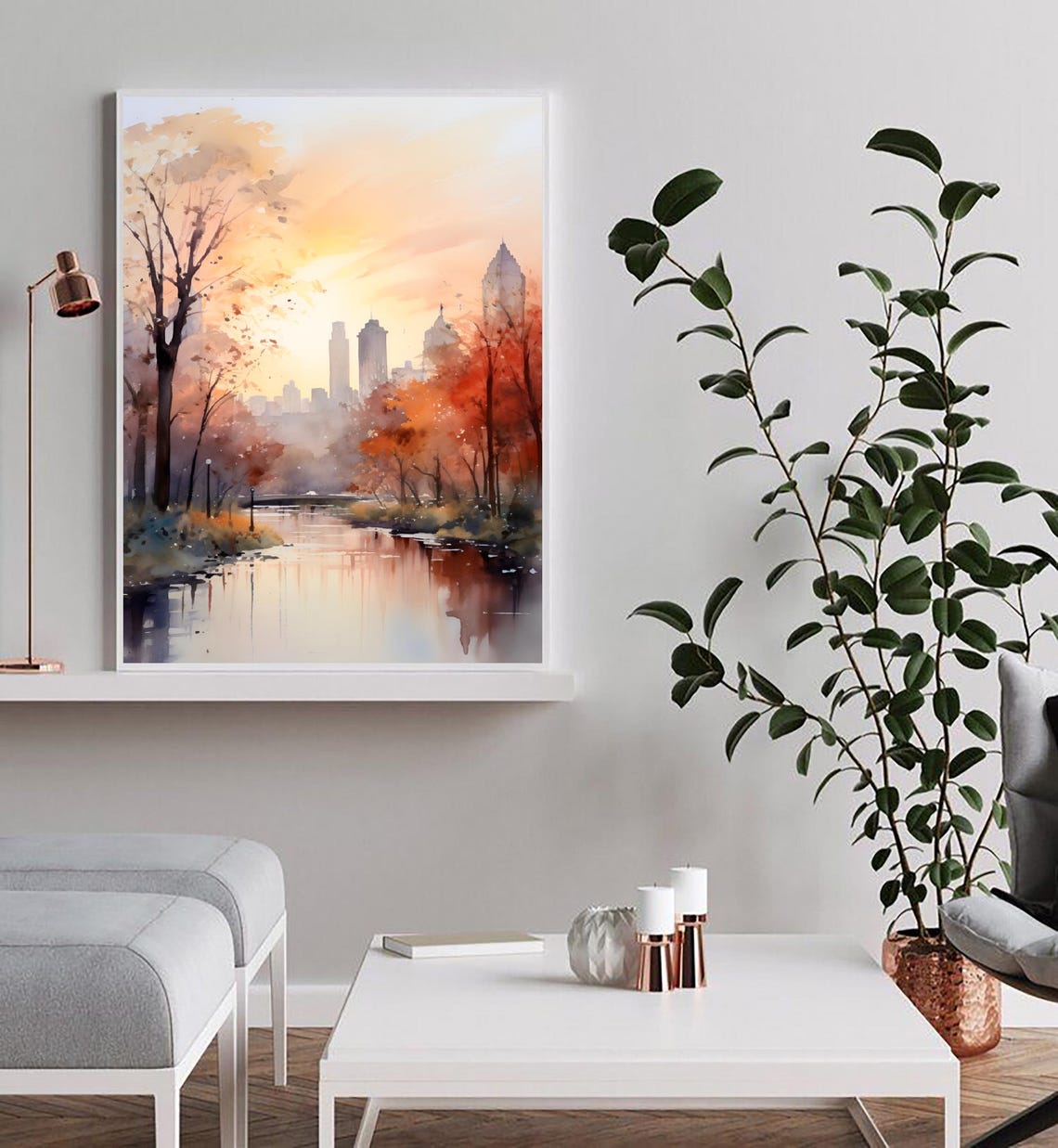 Central Park Sunset Skyline Autumn Watercolor New York Art Poster - Image 2