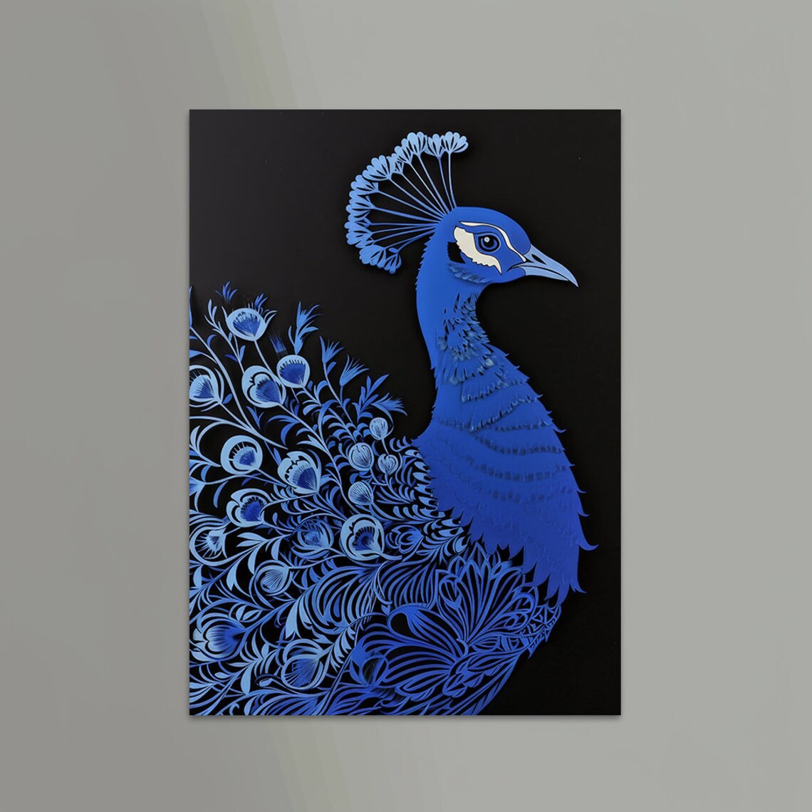 Royal Blue Peacock in Intricate Paper Cut Silhouette on Black Poster - Image 6