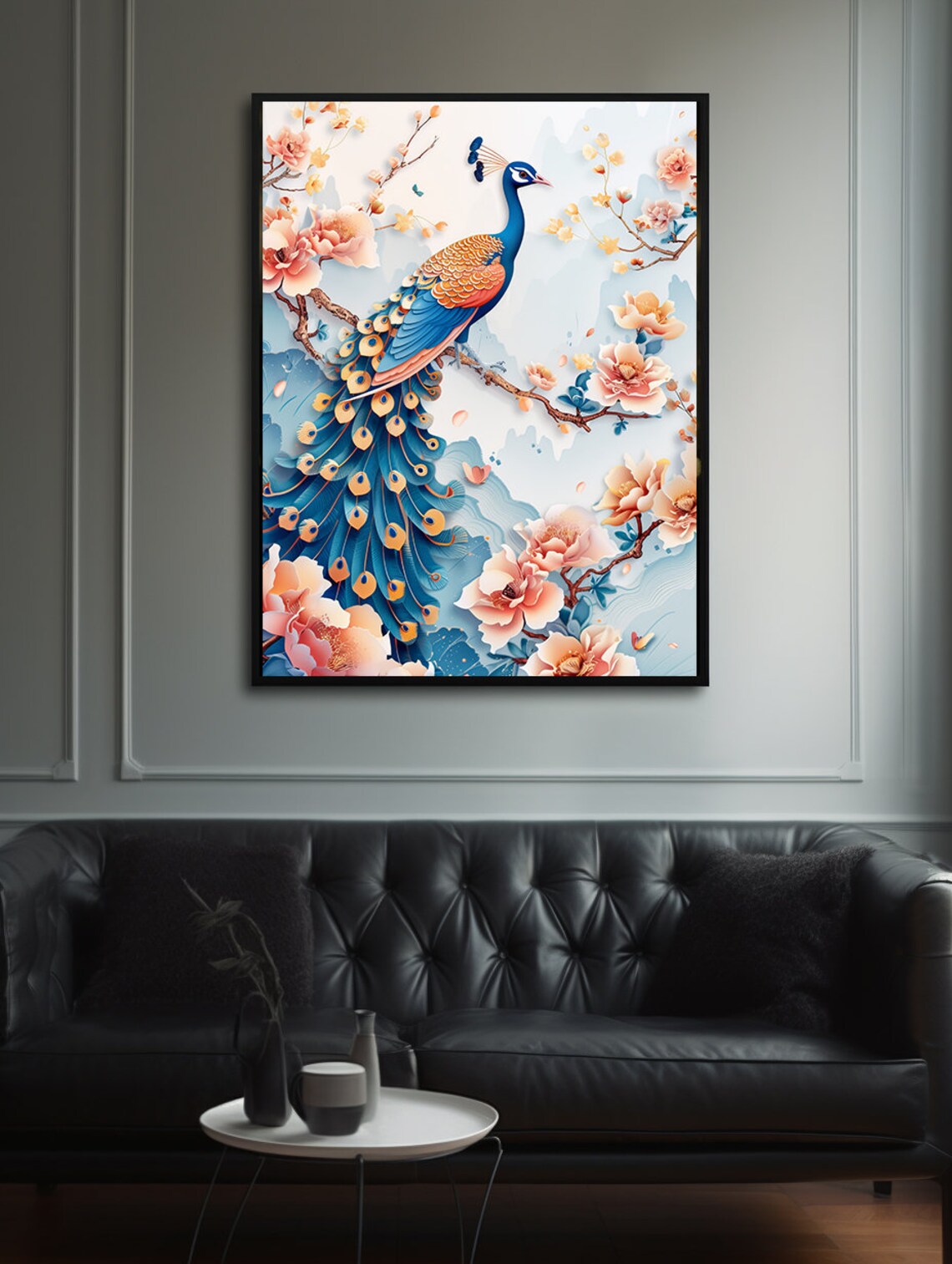 Peacock on a Flowering Branch in Delicate 3D Paper Art Poster