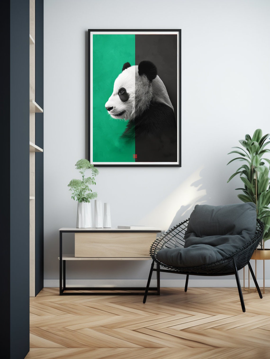 Panda Profile Against a Split Green and Black Modern Background Poster