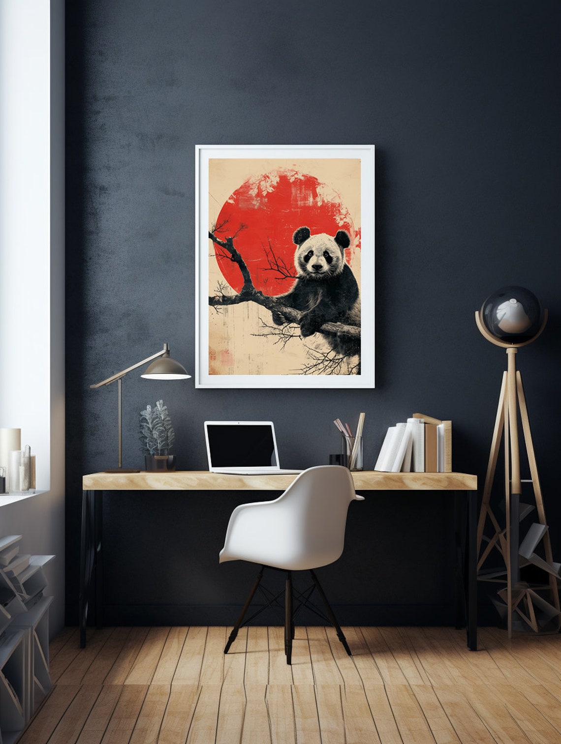Panda Resting on a Tree Branch Beneath a Bold Red Sun Poster - Image 2