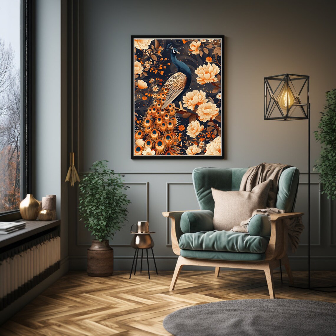 Peacock Among Cream Peonies and Blossoms on Dark Navy Poster - Image 4