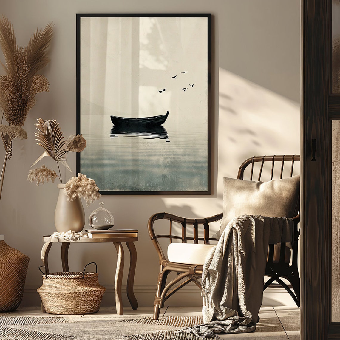 Minimalist Rowboat Floating on a Still Lake in Sepia Tones Poster - Image 4
