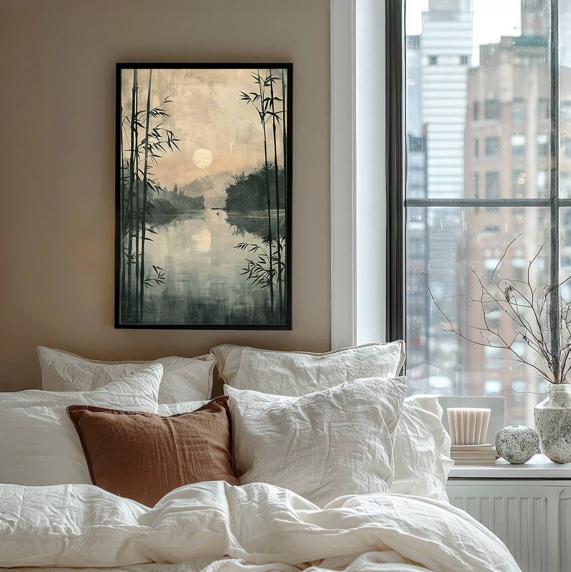 Misty Bamboo Forest Lake Glowing Softly at Golden Sunrise Poster - Image 7
