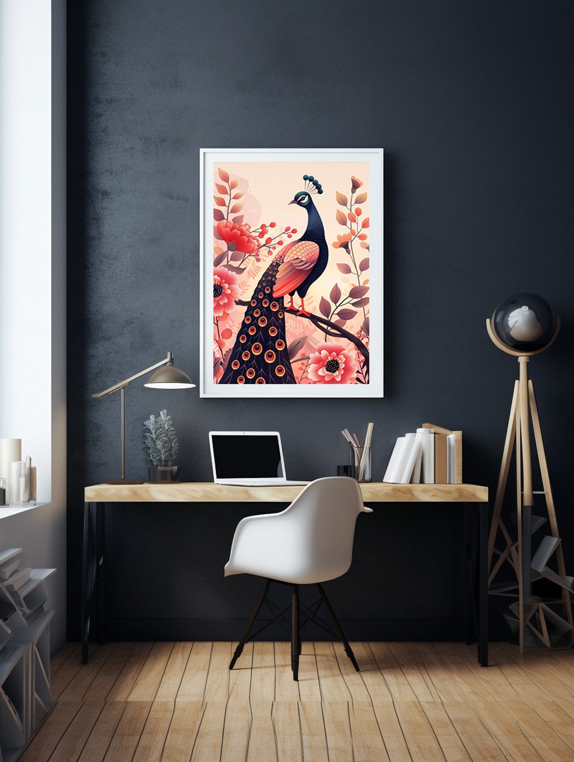 Blush Pink Peacock Perched Gracefully Among Pink Roses Poster - Image 2