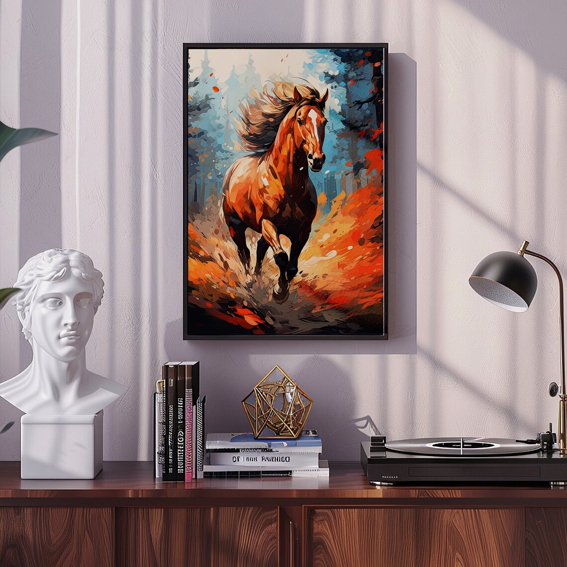 Chestnut Horse Galloping Through a Fiery Autumn Forest Poster