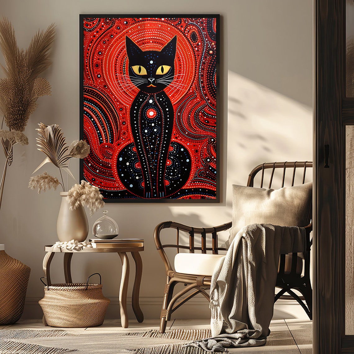 Black Cat on a Red Aboriginal Dot Painting Background Poster - Image 6