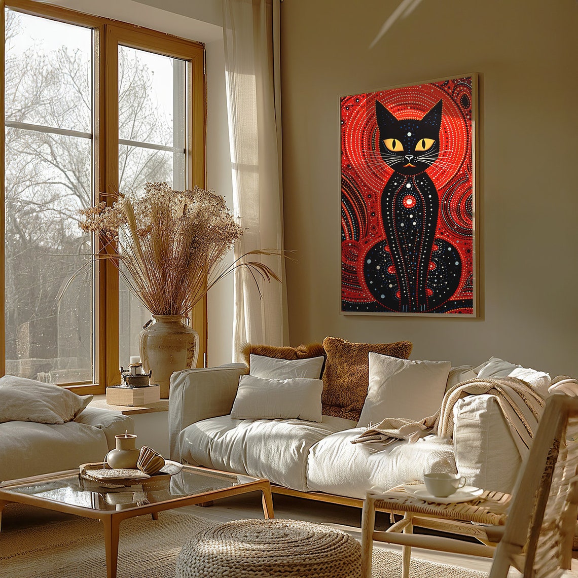 Black Cat on a Red Aboriginal Dot Painting Background Poster - Image 4