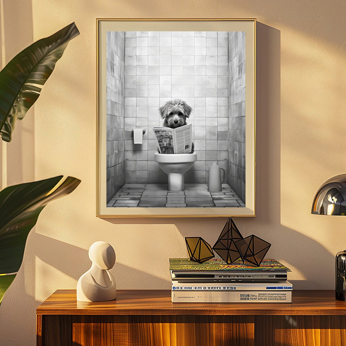 Funny Dog Reading a Newspaper While Sitting on the Toilet Poster