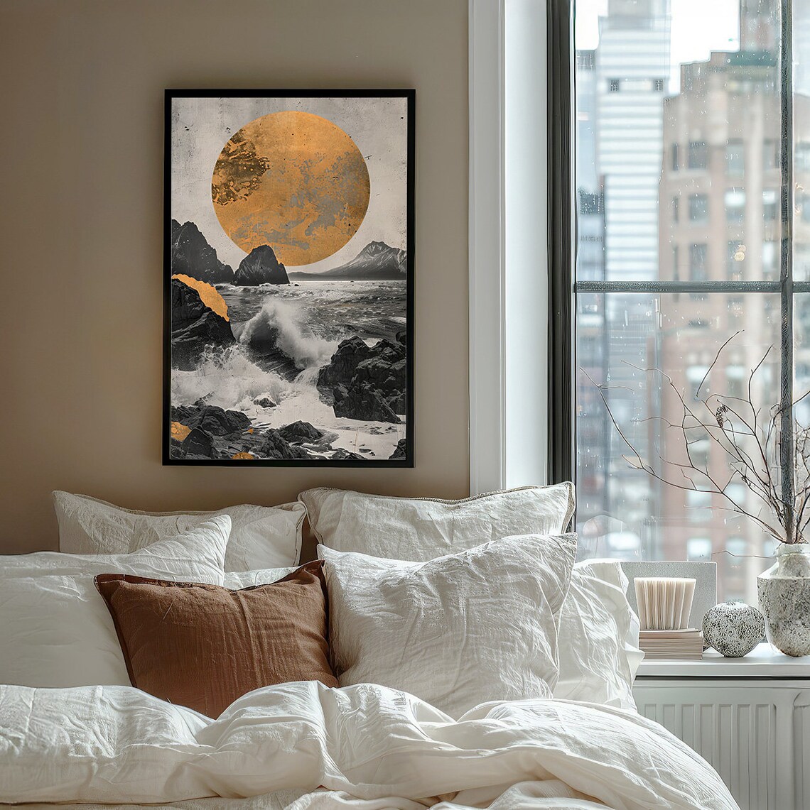 Golden Moon Rising Above Stormy Black Sea Rocks Wabi Sabi Poster - Image 7