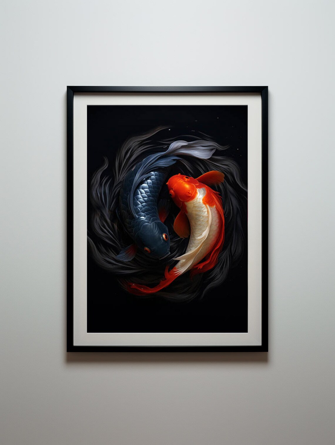 Yin Yang Pair of Koi Fish Swimming on a Black Background Poster - Image 5