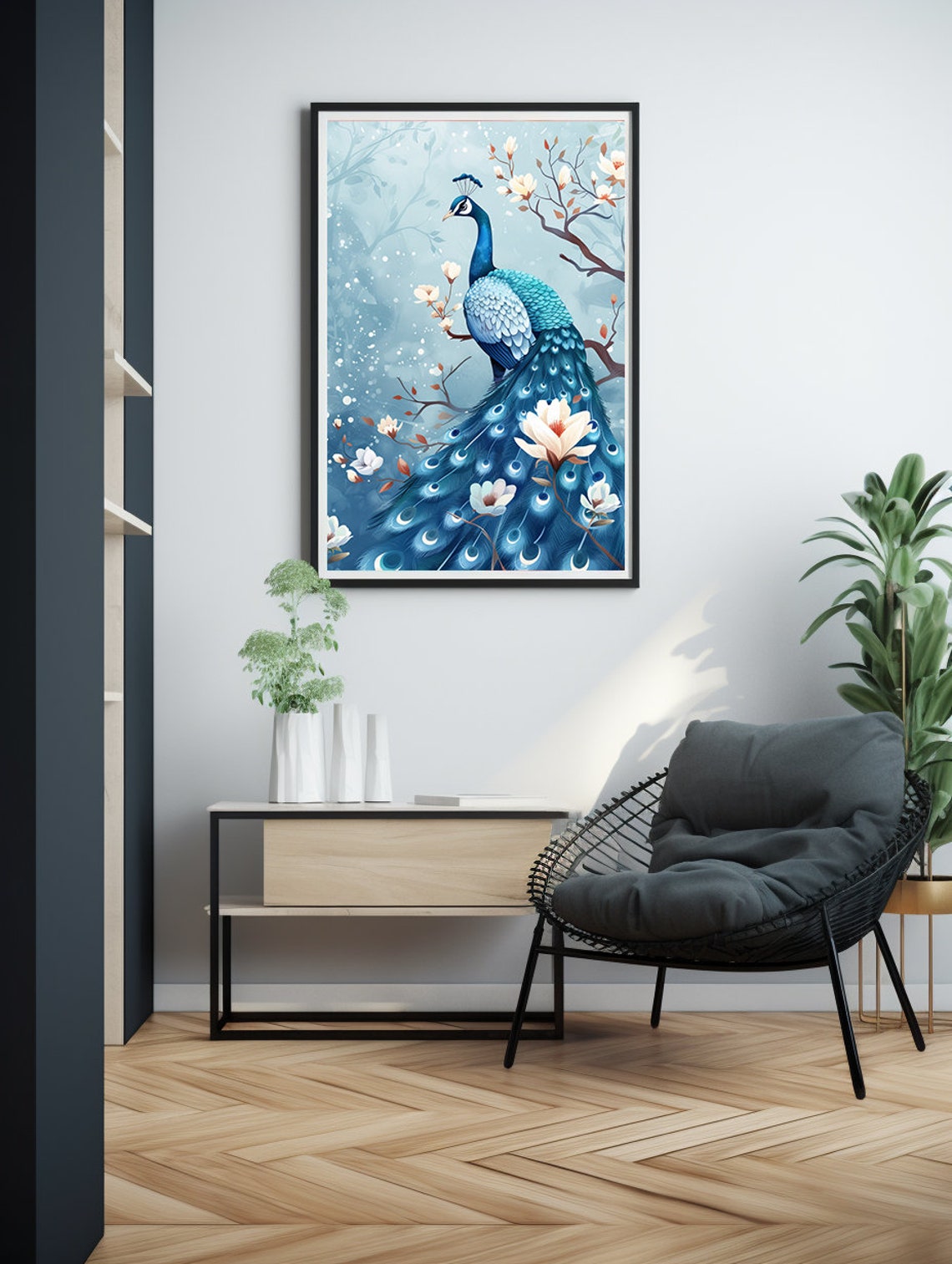 Blue Peacock Perched Among White Blossoms on a Winter Branch Poster - Image 6