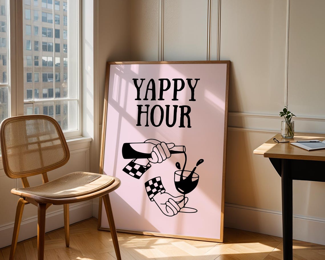 Yappy Hour Wine Pour Poster Playful Pink Happy Hour Bar Decor Art