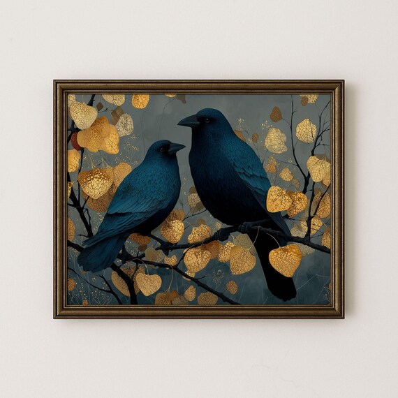 Crow Pair Autumn Art Print Moody Vintage Bird Painting