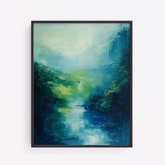 Abstract River Landscape Painting Serene Bluegreen Wall Art