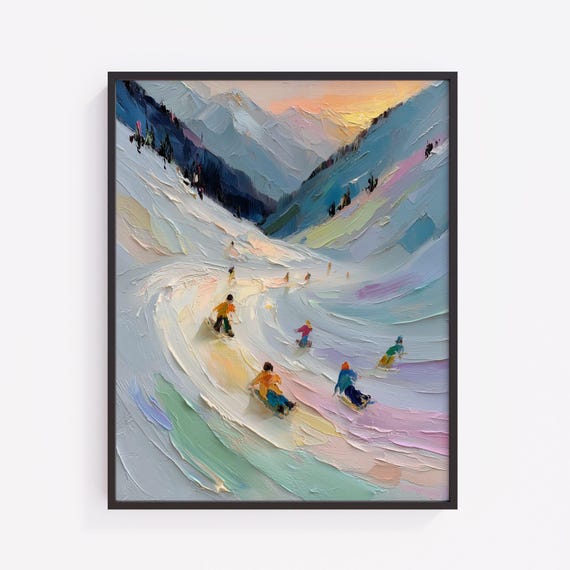 Winter Sledding Art Print Mountain Sunset Landscape