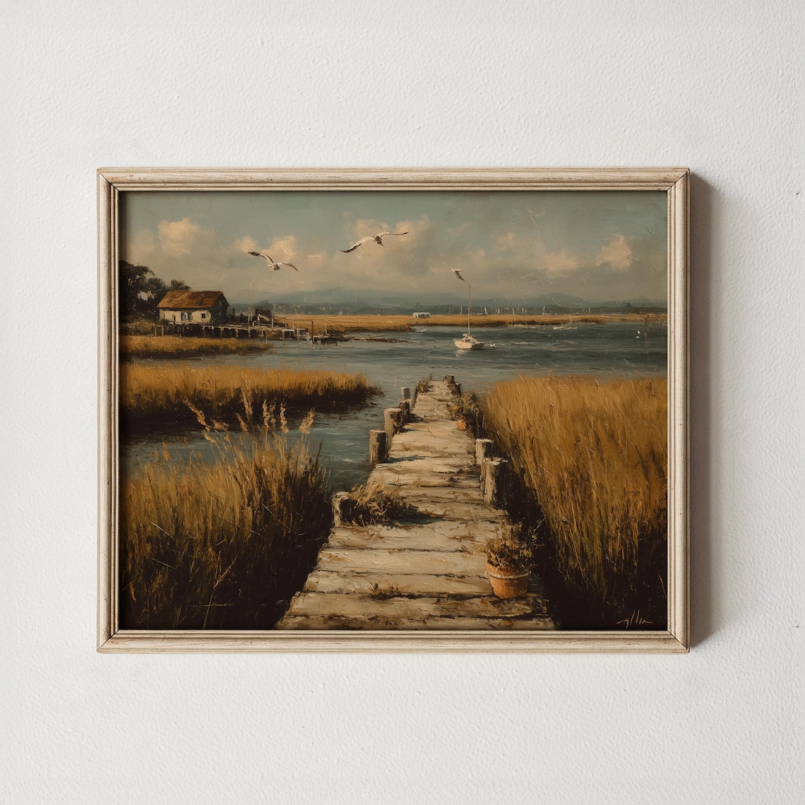 Rustic Marsh Dock Vintage Coastal Harbor Painting Seaside Cottage Wall Art