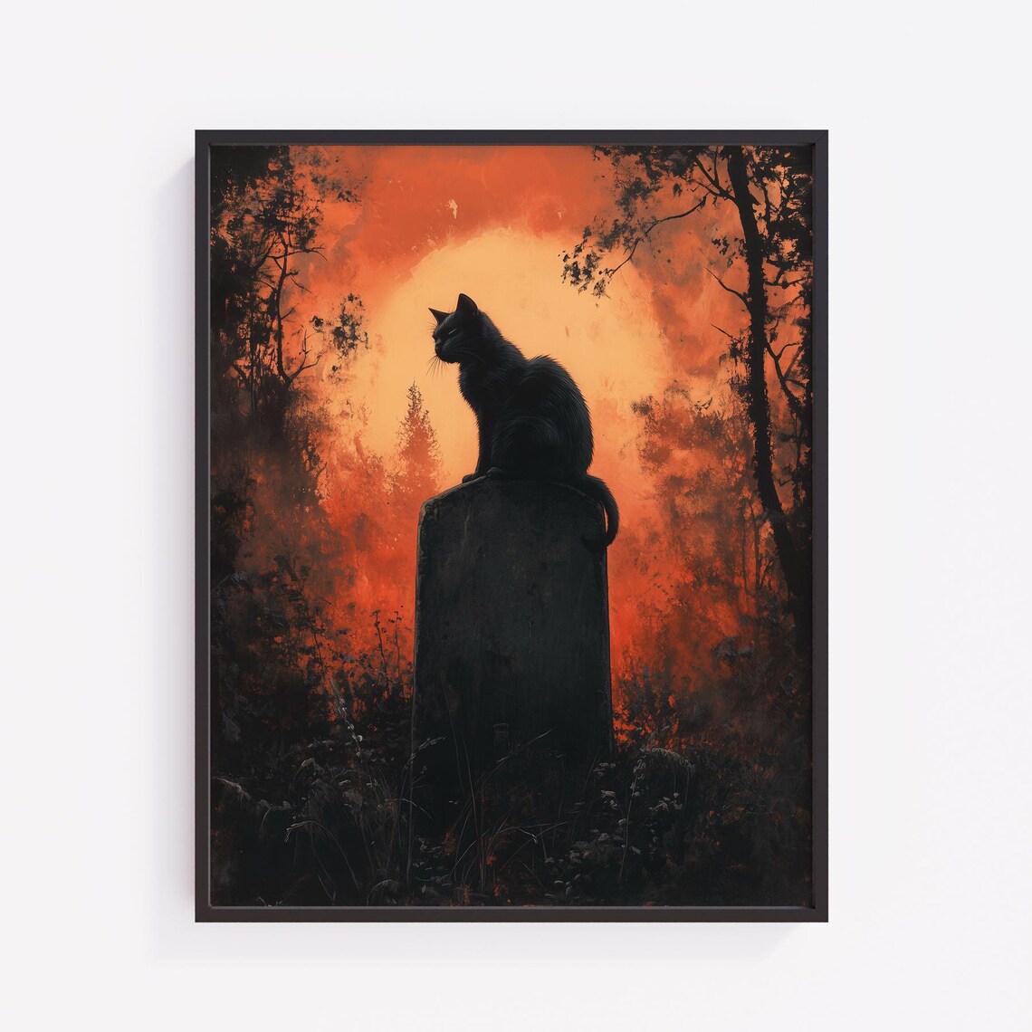 Gothic Black Cat Gravestone Art Spooky Halloween Decor
