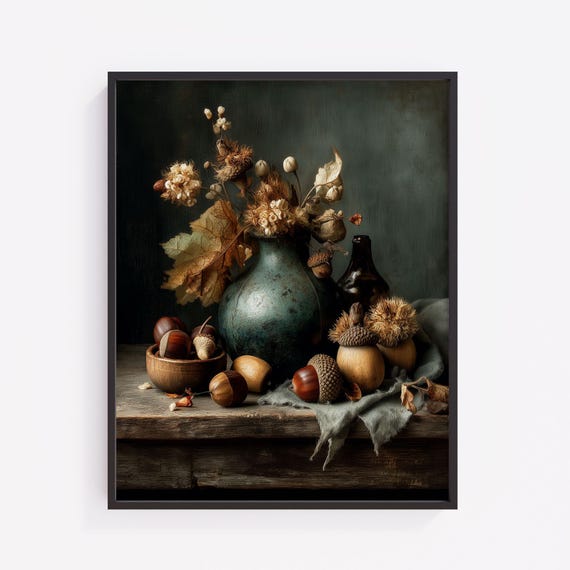 Autumn Still Life Print Vintage Acorns Pinecones V201