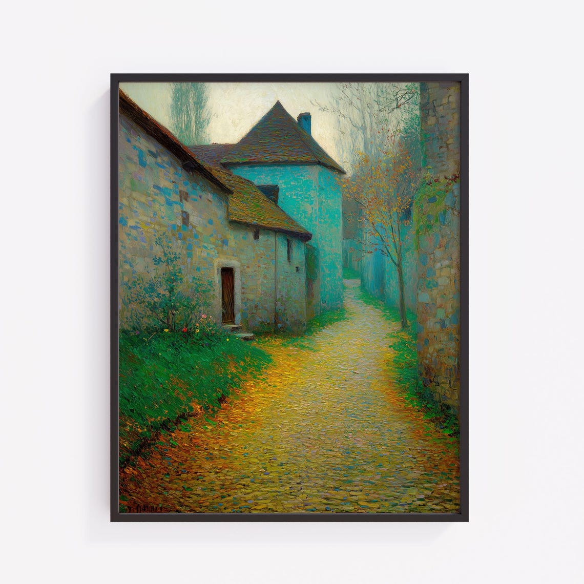 Vintage Autumn Village Lane Print Moody Cottage Wall Art V25