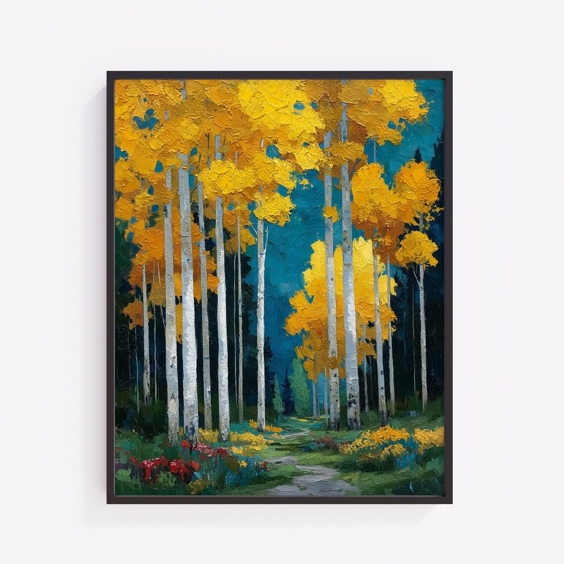 Golden Aspen Grove Autumn Leaves Teal Sky Textured Oil Poster