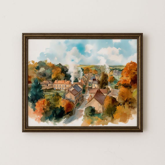 Autumn Town Watercolor Painting Vintage Landscape Art H91