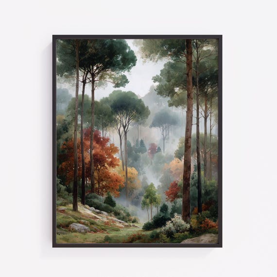 Autumn Forest Landscape Print Vintage Watercolor Wall Art