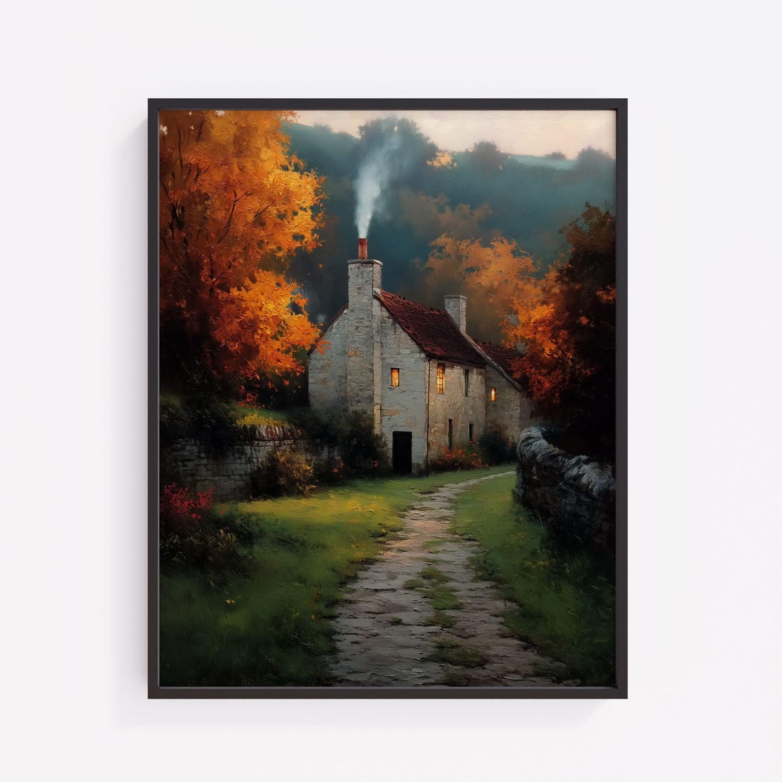 Autumn Stone Cottage Print Vintage Landscape Art