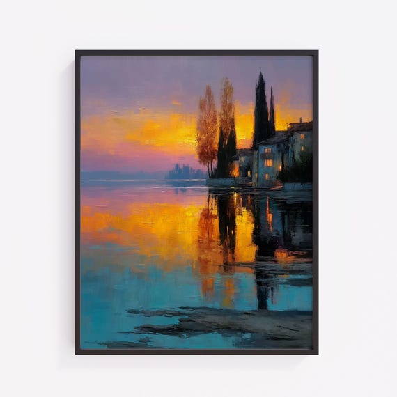 Autumn Lakeshore Art Print Tranquil Sunrise Reflections V313