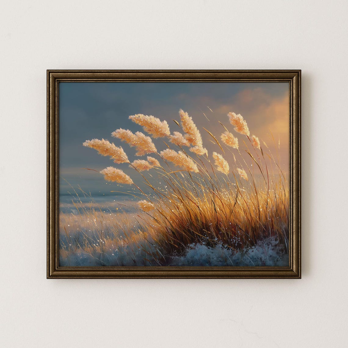 Golden Pampas Grass Reeds at Sunset Over the Ocean Waves Poster