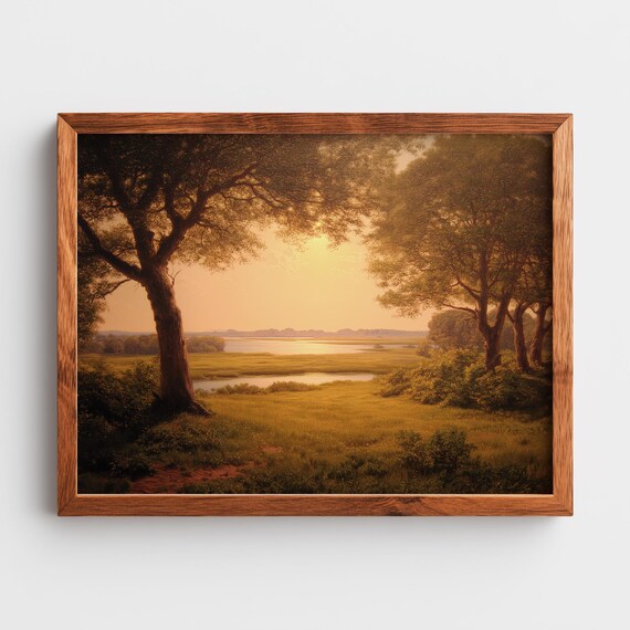 Rustic Coastal Sunset Landscape Art Vintage Painting Moody Meadow Scene Serene Inlet Under Golden Sky Decor 362