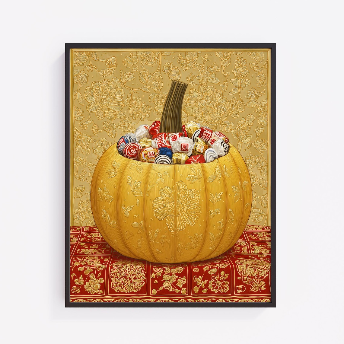 Golden Pumpkin Candy Bowl Vintage Halloween Fall Harvest Art Poster