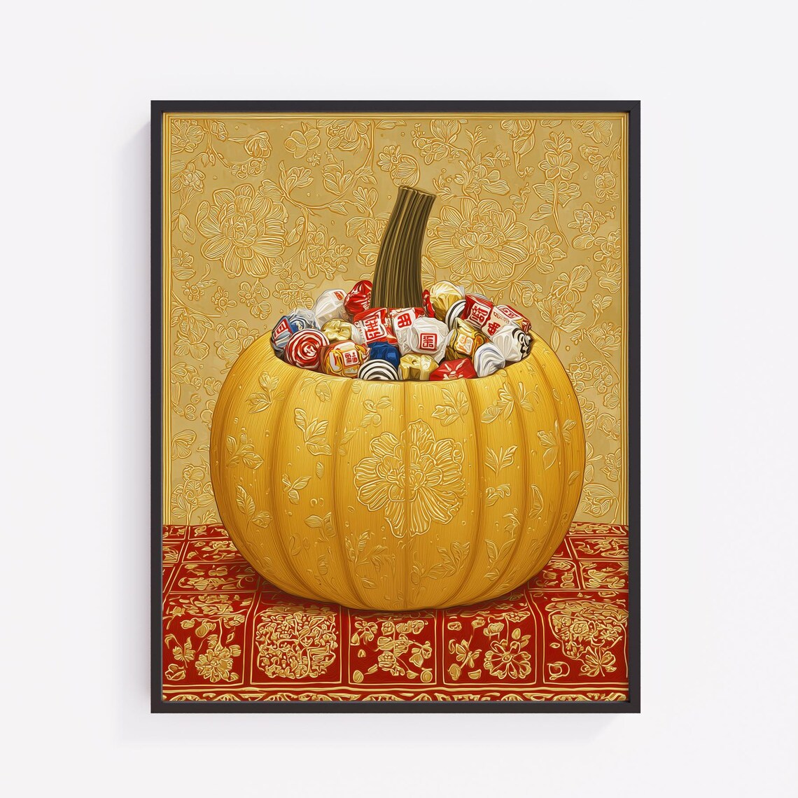 Vintage Pumpkin Candy Bowl Print Rustic Autumn Wall Art
