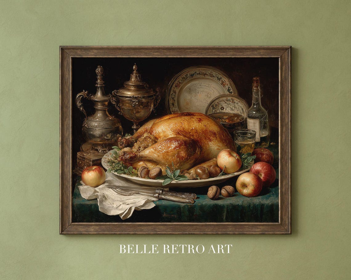 Vintage Thanksgiving Turkey Art Print Opulent Autumn Still Life