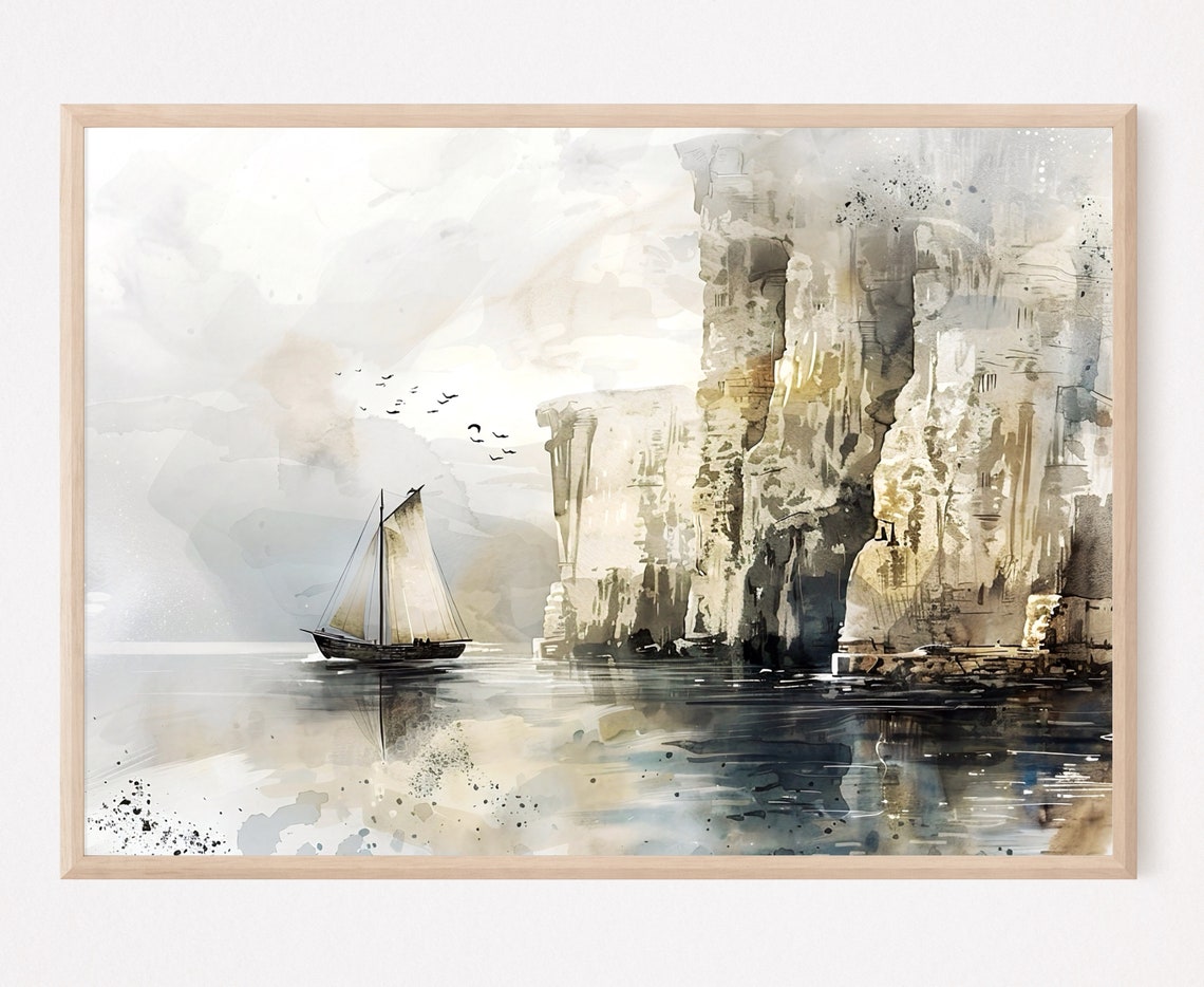 Sailboat by White Cliffs Watercolor with Birds Seascape Poster