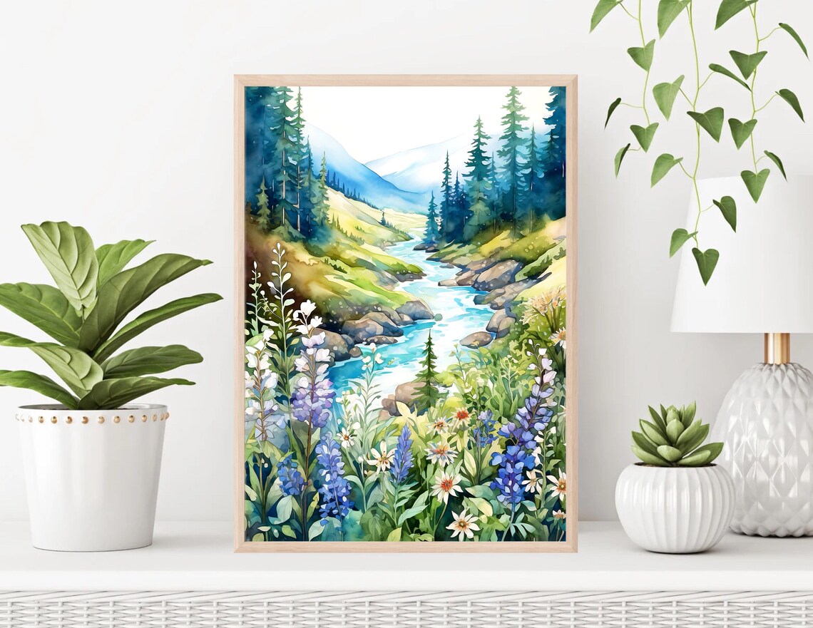 Wildflower Meadow Mountain Landscape Art Print - Image 3
