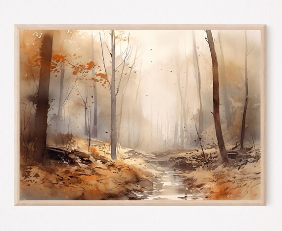 Misty Autumn Forest Path Tall Trees Golden Watercolor Woodland Poster